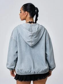Jeanoix Women's Dropped Shoulder Long Sleeve Zip-Up Hooded Denim Jacket - Blue - View 2
