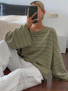 DAZY 女款條紋不對稱露肩寬鬆街頭休閒T恤 - 綠色 - 查看 5