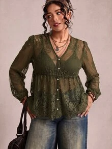 Freevana 女款蕾絲貝殼鈕扣透視襯衫，大尺碼寬鬆優雅休閒日常街頭外出通勤度假春夏女裝大尺碼襯衫 - 軍綠色 - 查看 6