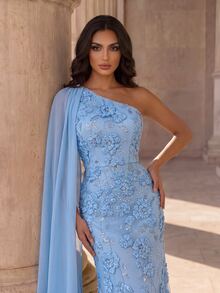 Coutiva Women's Asymmetrical Neckline High Waist Evening Dress - Blue - View 7