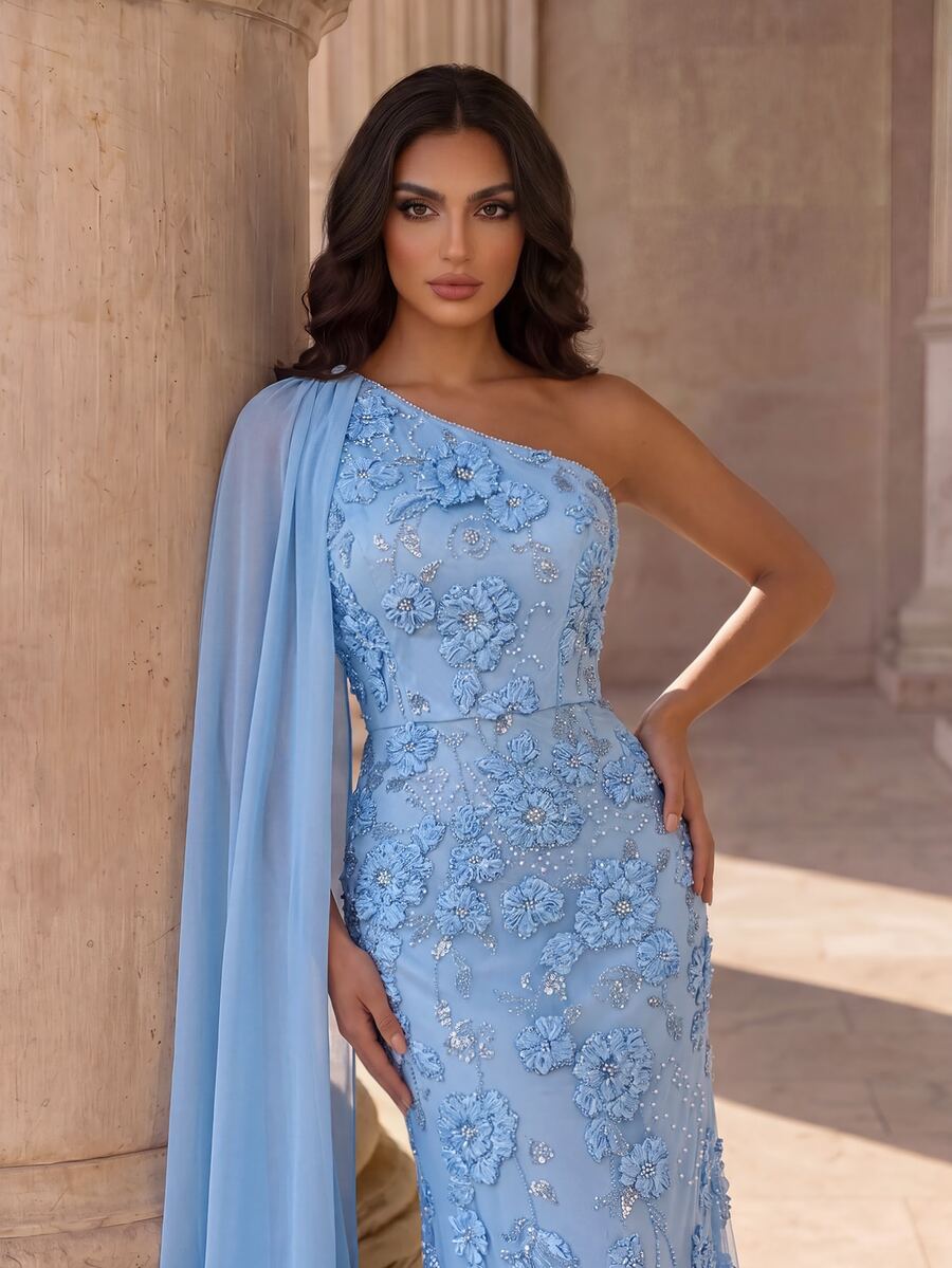 Coutiva Women's Asymmetrical Neckline High Waist Evening Dress - Blue - View 1