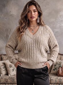 Ceyna كنزة صوفية نسائية مقاس كبير بتصميم أكمام خفاشية مضلعة، كاجوال للتنقل اليومي، ملابس علوية للخريف/الشتاء - متعدد الألوان - مشاهدة 4