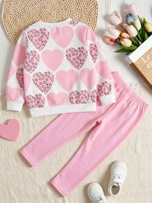 Toddler Girls Heart Print Sweatshirt & Leggings Set, Sweet Pink Cozy Casual Outfit, Fall Winter (2 Pcs) - Multicolor - View 2