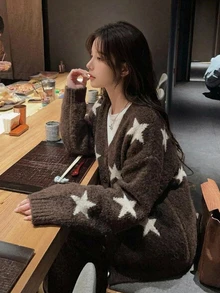 DAZY Cardigan Kasual Longgar Leher V Motif Bintang untuk Wanita - Coklat - View 1