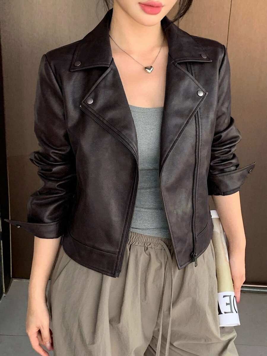 DAZY Women's Autumn Deep Brown Leather PU Short Slim Fit Casual Street Style Commuter Jacket With Turn-Down Collar And Long Sleeves Winter - Brown - View 1