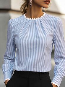 Velvienne Women's Elegant Striped Collared Lace Patchwork Long Sleeve Blouse, Suitable For Daily Commute, Dating, Home Wear - Blue - View 1