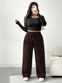 Comfortcana Chocolate Brown Plus Size High Waist Casual Straight Leg Sweatpants - Chocolate Brown - View 11