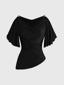 ROMWE Hippie Spring Summer Autumn Solid Color Casual Shoulder Strap Wooden Bead Decor Batwing Sleeve Ruched Waist Slimming Design Cowl Neck Plus Size Women's Top - Black - View 5