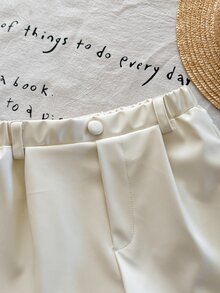 SHEIN LMoss Kids 女童小女孩梭織純色修身休閒短褲 - 米色 - 查看 5