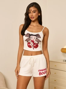 Betty Boop x SHEIN Women's Leopard Print Bow Cami Top And Shorts Pajama Set - White - View 6