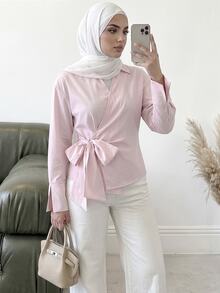 Modelyn Women's Solid Color Side Waist Tie Long Sleeve Casual Shirt - Pink - View 1