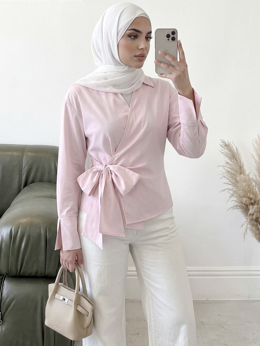 Modelyn Women's Solid Color Side Waist Tie Long Sleeve Casual Shirt - Pink - View 1