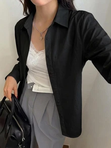 DAZY 女款素色休閒長袖襯衫，適合日常穿著 - 黑色 - 查看 4