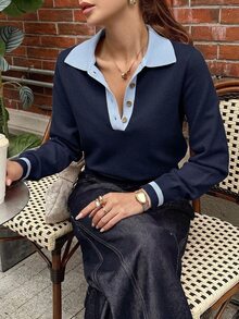 DAZY Women's Colorblock Pullover Sweater - Navy Blue - View 3