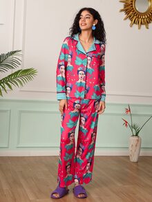Chillnights Frida Kahlo X SHEIN Women's Character Print Single-Breasted Top And Pants Pajama Set - Red - View 3