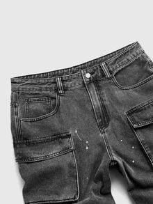 ROMWE MEN Street Life Men's Vintage Distressed Washed Flared Jeans, American High Street Multi-Layer 3D Pocket With Ribbon Design, Hip-Hop Street Style, Casual Everyday Wear, Versatile Matching With Various Tops And Shoes - Grey - View 5