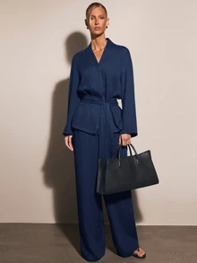 COSMINA Women's Solid Color Long Sleeve Waist Knot Top And Long Pants Elegant Set - Blue Gray - View 1