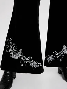 ROMWE Plus Size Women's Gothic Style Embroidered Butterfly & Moon Pattern Velvet Flare Pants - Black - View 2