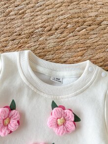 SHEIN 新生兒嬰兒春秋款甜美3D花朵衛衣與羅紋長褲套裝，優雅舒適極簡休閒戶外活動穿搭 - 彩色 - 查看 7