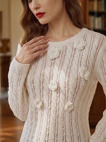 Suri Mira Women's Long Sleeve Hollow Crochet Floral Sweater - Beige - View 4