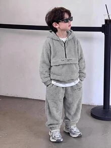 SHEIN 2件組兒童青少年男孩休閒日常百搭舒適毛絨拼接連帽半拉鍊長袖衛衣與鬆緊束口針織長褲保暖內裡加厚運動套裝 - 灰色 - 查看 4