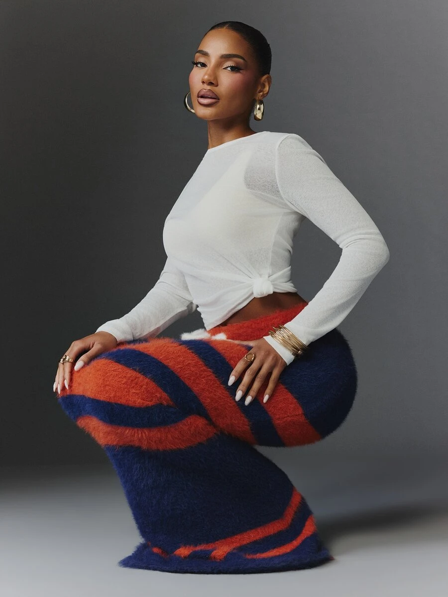 NYA SZN Knit Skirt Maxi Stripe Tie Front Athletic Holiday Festival Special Occasion Everyday Casual Work Concert Going Out Club Cozy Party Blue Fall Winter - Multicolor - View 1
