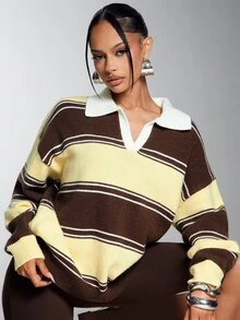 Denimoi Sweater Rajut Kerah Polo Bergaris Blok Warna untuk Wanita, Pullover Wol Lembut Kasual Longgar - MultiWarna - View 6