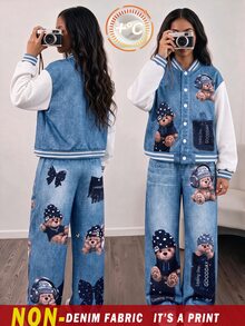 女童棒球夾克套裝，單排扣鈕扣設計方便穿脫，保暖內裡加厚，褲子為寬鬆直筒版型，休閒時尚整體造型，無需擔心搭配，適合日常外出與校園穿著 - 藍色 - 查看 3