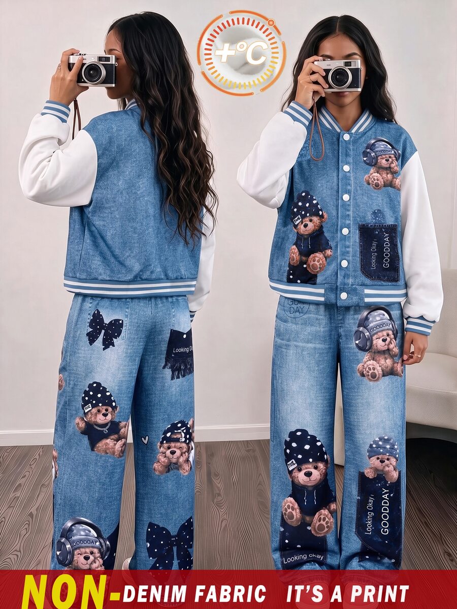 青少年女孩藍色熊圖案棒球夾克與寬鬆直筒長褲套裝,保暖內裡,冬季休閒兩件套服裝 - 藍色 - 查看 1