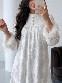Yasmyna Women's Lace Pleated Casual Party Arabian Dress - White - View 5