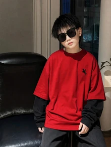 SHEIN Little Byeori 兒童青少年男孩休閒學院風復古圓領套頭長袖T恤，秋季穿搭，冬季穿搭，寬鬆條紋T恤，適合春夏秋冬，學校、家庭聚會、運動、生日派對 - 紅色 - 查看 2
