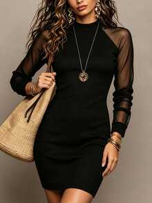 LUMIGAL Vestido de moda ajustado de manga larga con malla de contraste de unicolor para mujer - Negro - Ver 4