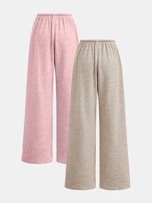 Girlism Tween女孩休閒紋理蝴蝶結寬腿長褲 寬鬆度假風夏季長褲 多功能日常穿著 2件套 - 粉色 - 查看 2