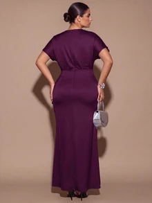 SHEIN BAE CURVE 女款大尺碼短袖休閒洋裝 - 紫色 - 查看 2