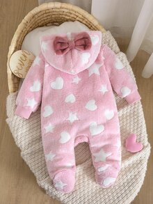 Vintaside Kids 新生兒寶寶愛心印花抓絨連身衣－長袖連帽連腳睡衣 秋冬款 - 粉色 - 查看 3
