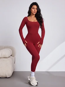Slayform Women's Sports Backless Long Sleeve Fitted Jumpsuit - Burgundy - View 3