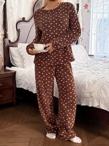 CottageSlumber Vintage Brown Ditsy Floral Home Set, Comfortable Soft Plush Round Neck Long Sleeve Pants 2 Pieces Set - Brown - View 2