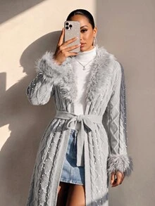 Xyvia Women's Autumn/Winter Heavy Beaded Fur Collar Belted Knit Cardigan Jacket, Premium Grey Twisted Cable Knit, Suitable For Shopping, Dating, Commuting, Party, Holiday - Grey - View 4