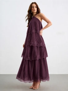 Willow Rêve Gaun Maxi Tencel Wanita dengan Tali Leher dan Hiasan Renda Bertingkat, Gaun Liburan Elegan - Purple - View 1