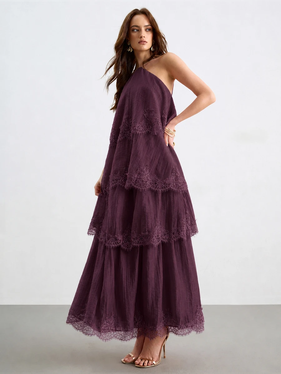 Willow Rêve Gaun Maxi Tencel Wanita dengan Tali Leher dan Hiasan Renda Bertingkat, Gaun Liburan Elegan - Purple - View 1