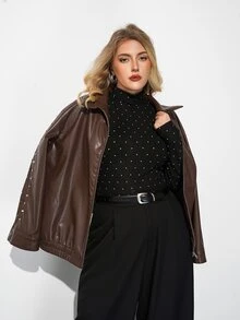 Maija Plus Size Women Polka Dot Print High Neck Long Sleeve Slim Fit Top - Black - View 7