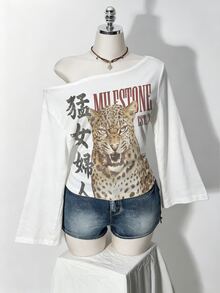 SHEIN ICON 大尺碼印花白色不對稱單肩T恤 秋季 - 彩色 - 查看 4