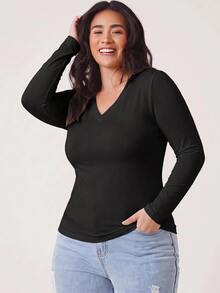 EMERY ROSE Plus Size Women V Neck Black Long Sleeve Fleece Thermal Shaping Tee Fit T-Shirt Fall/Winter Warmth - White - View 9