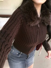 DAZY Women's Autumn/Winter Fur Collar Patchwork Open Front Short Sweater - Brown - View 5