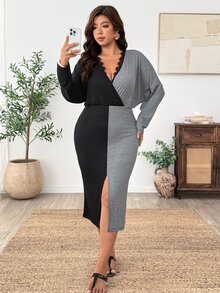 Weeklong French Vintage Elegant Fashion Casual Commute V-Neck Lace Trim Colorblock Patchwork Dress - Black - View 6