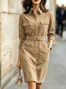 SHEIN Women's Textured Fabric Metal Buckle Business Casual Midi Dress - Brown - View 3