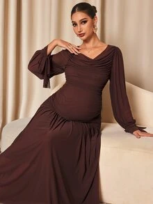 MaterniChic Maternity Solid Color Pleated Casual Party & Travel Dress - Brown - View 6