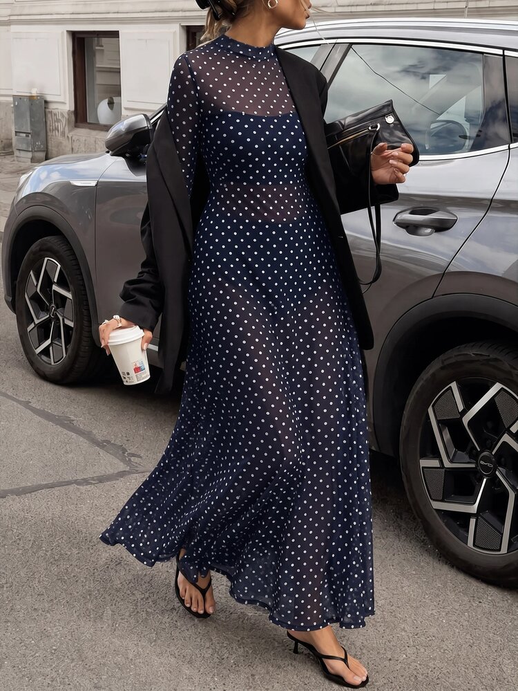 Freevana Plus Size Polka Dot Long Sleeve Sheer Korean Style Dress - Navy Blue - View 2