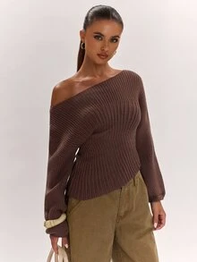 SHEIN BAE Autumn/Winter New Women's Fashion Versatile Elegant Chic Solid Color Knitted Fitted Ruched Casual Sweater - Brown - View 5