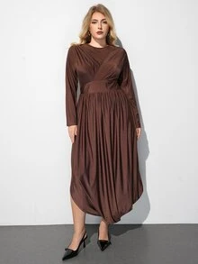 Maija Plus Size Women's Solid Color Long Sleeve Round Neck Cinched Waist Ruffle Hem Dress - Brown - View 3